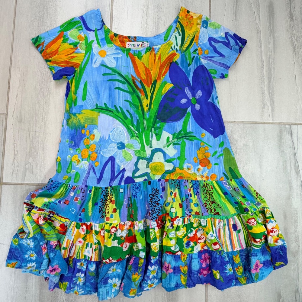 Jams World Floral Abstract Tiered Ruffle Short Sleeve Dress Multi-Color Small